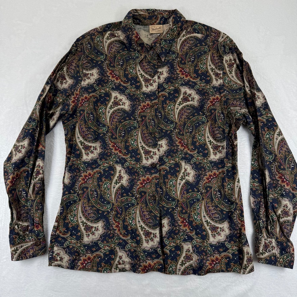 Woolrich Long Sleeve Button Down Shirt Paisley Print Deep‎ Navy Cotton Blend L